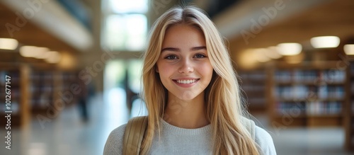 A young woman with long blonde hair smiles in a library.