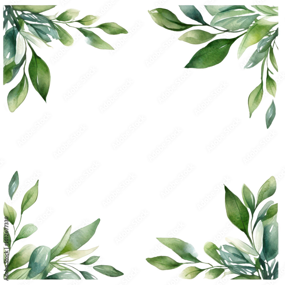 Fototapeta premium Green leaf borders are ideal for nature themed designs, invitations, posters, and social media graphics needing a fresh, organic touch. Generative AI