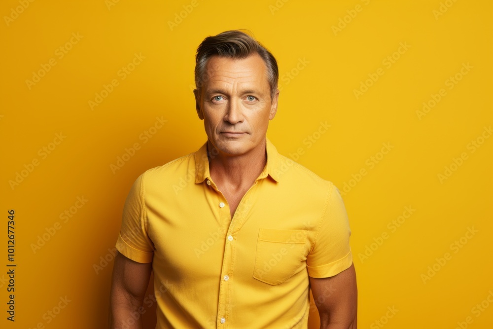 Portrait of handsome mature man in yellow shirt over yellow background. Portrait of handsome mature man in yellow shirt over yellow background.