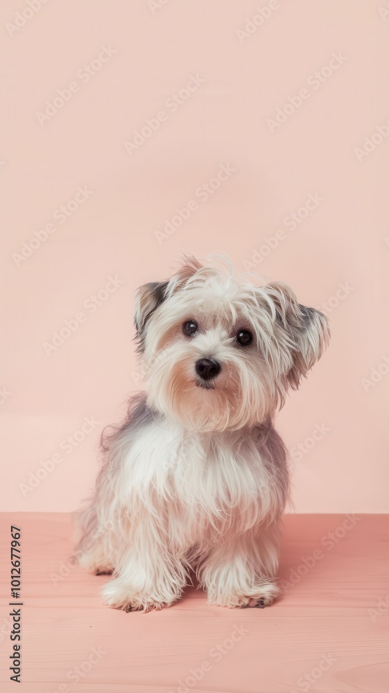 Small fluffy white dog sitting against a minimalist light-colored background Small fluffy white dog sitting against a minimalist light-colored background
