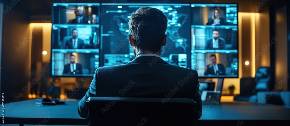 A man sits in a dark office looking at multiple screens displaying a video conference of other business professionals. A man sits in a dark office looking at multiple screens displaying a video conference of other business professionals.