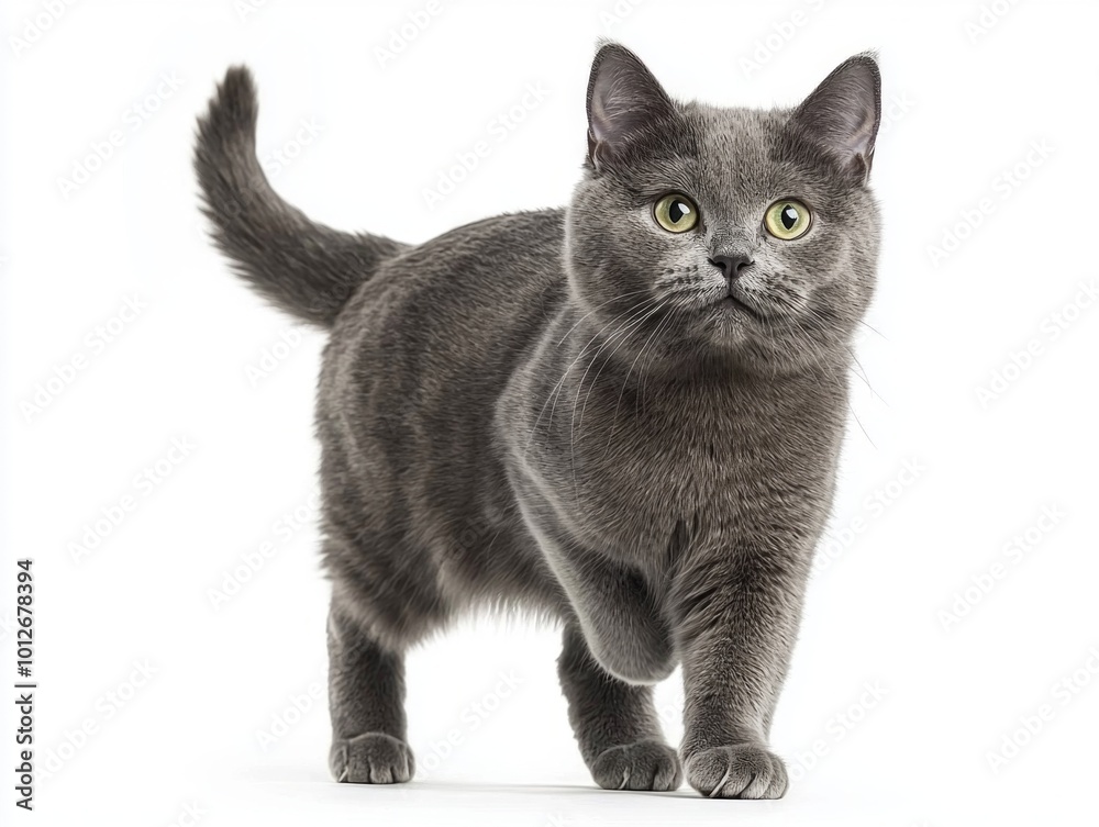 elegant Russian Blue cat captivates with its soft silver-gray coat and vibrant green eyes while standing confidently on a clean, white surface.