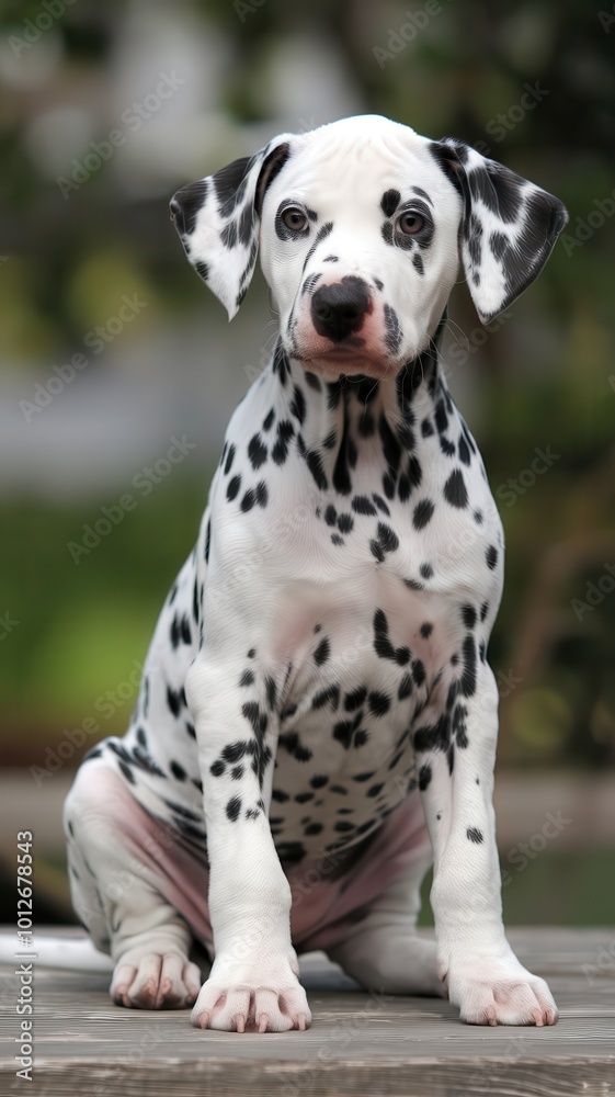 Dalmatian puppy sitting on elevated surface, looking at camera Dalmatian puppy sitting on elevated surface, looking at camera