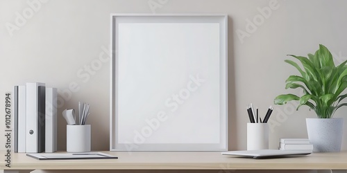 Poster mockup with vertical white frame in working room interior background,a picture frame sitting on top of a wooden table next to potted plants.