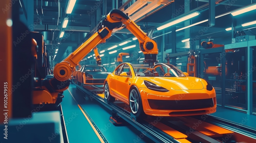 Automated robot arm in electric vehicle production high tech green energy assembly line overview Automated robot arm in electric vehicle production high tech green energy assembly line overview