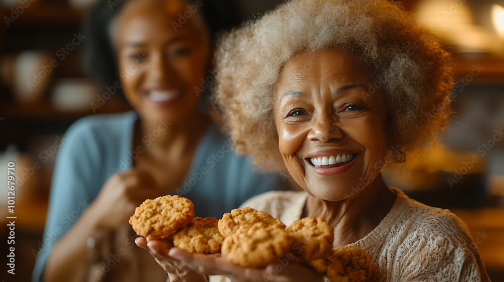 A woman is holding a plate of cookies and smiling A woman is holding a plate of cookies and smiling