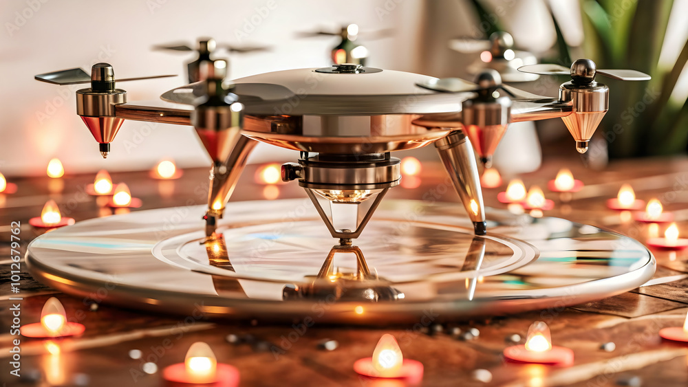 Obraz premium Flat Holographic Drone with Floating Map Markers | Tilt Shot from Low Angle | Simple Vector Illustration for Smart Business Use | Ample Copy Space Background