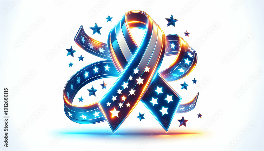 Fototapeta premium 3D Glowing Patriotic Ribbon and Cluster of Stars - Glossy Holographic Symbolic Image with Copy Space for Veterans Day Commemorations and Patriotic Messages