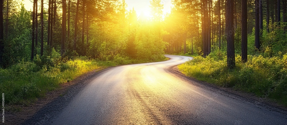 Sunlit Winding Road in a Forest Sunlit Winding Road in a Forest