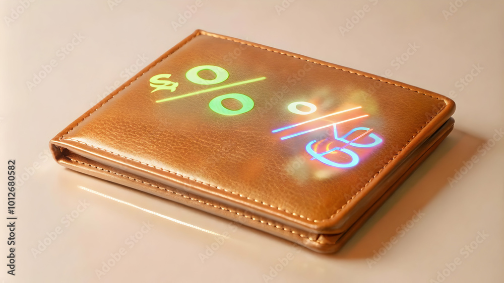 Macro Image of a Holographic Wallet with Glowing Currency & Discount Symbols, Showcasing Financial Innovation Against a Clean Background with Copy Space for Branding Macro Image of a Holographic Wallet with Glowing Currency & Discount Symbols, Showcasing Financial Innovation Against a Clean Background with Copy Space for Branding