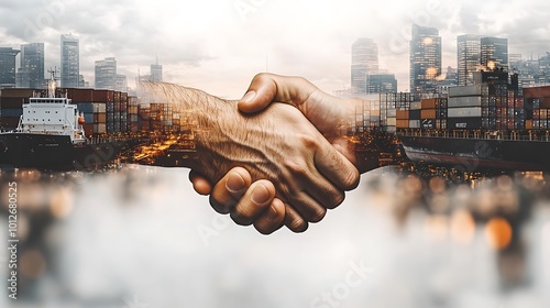 A handshake intertwined with shipping containers, cargo trucks, and freight ships, symbolizing global logistics and transportation. photo