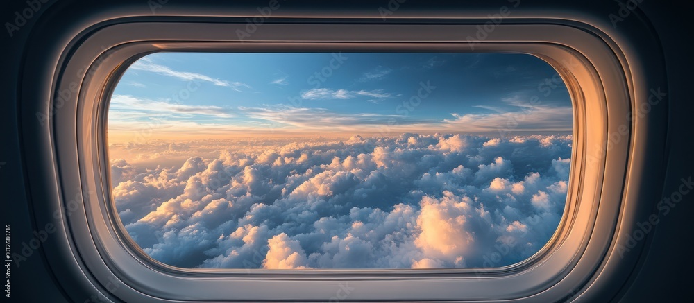 An airplane window view of a beautiful sunset over fluffy white clouds. An airplane window view of a beautiful sunset over fluffy white clouds.