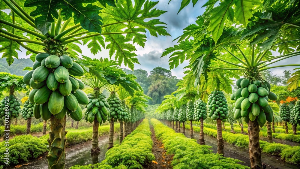 Fototapeta premium A lush papaya orchard thrives in the rainy season, vibrant green leaves shimmering under a gentle canopy of