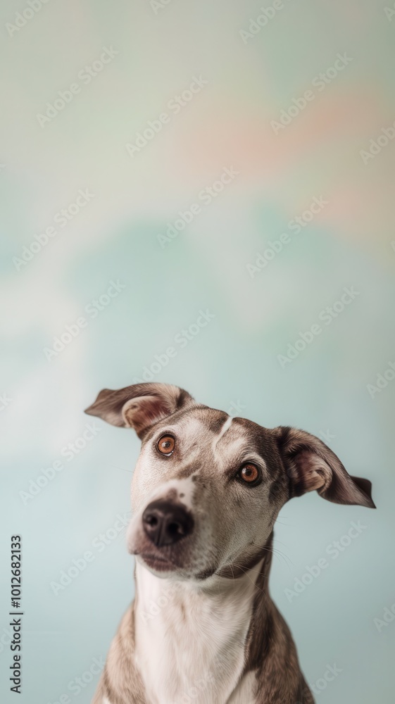 Dog standing on hind legs with a curious head tilt in a minimalist scene Dog standing on hind legs with a curious head tilt in a minimalist scene