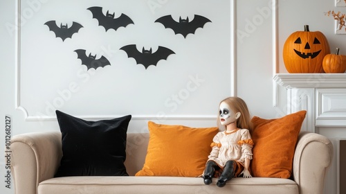 Halloween-themed living room with bat decals and spooky doll. photo