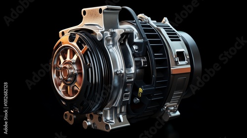 Detailed structure and diagram of a car alternator and isolated generator on black background photo