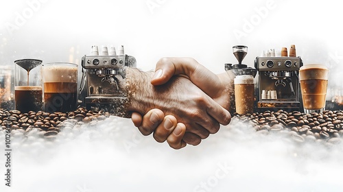 A handshake overlaid with coffee beans, espresso machines, and baristas preparing drinks, symbolizing innovation in the coffee industry. The white background highlights the clean,