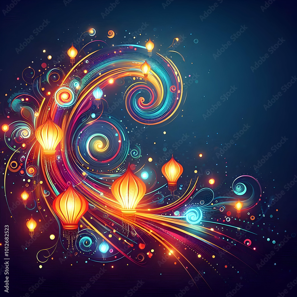 Flat Abstract digital art of Diwali lanterns and glowing patterns representing a cultural gathering concept as A cultural abstract artwork showcasing glowing Diwali lanterns and intricate patterns rep Flat Abstract digital art of Diwali lanterns and glowing patterns representing a cultural gathering concept as A cultural abstract artwork showcasing glowing Diwali lanterns and intricate patterns rep