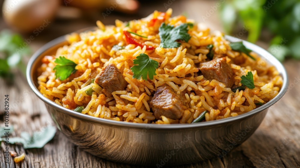 A vibrant metal bowl filled with aromatic biriyani, showcasing layers of spiced rice, tender meat, and colorful herbs. The dish is garnished with fried onions and served on a rustic wooden table. A vibrant metal bowl filled with aromatic biriyani, showcasing layers of spiced rice, tender meat, and colorful herbs. The dish is garnished with fried onions and served on a rustic wooden table.