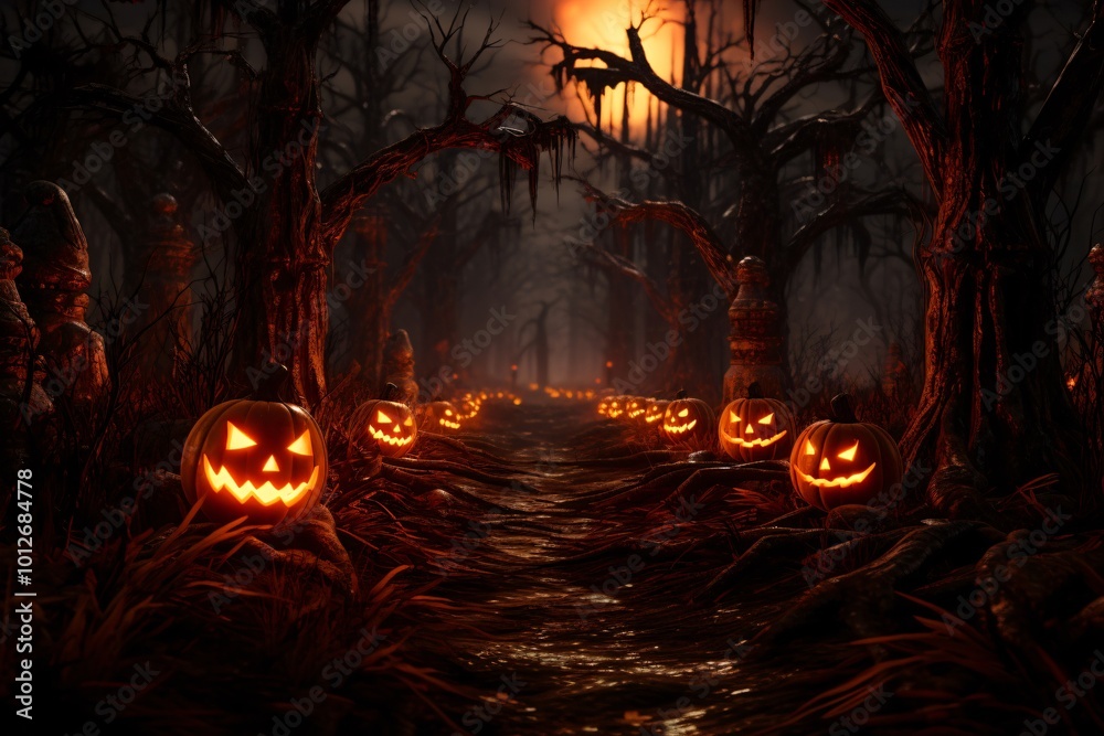 Halloween forest full of jack-o'-lanterns and dry dead trees Halloween forest full of jack-o'-lanterns and dry dead trees