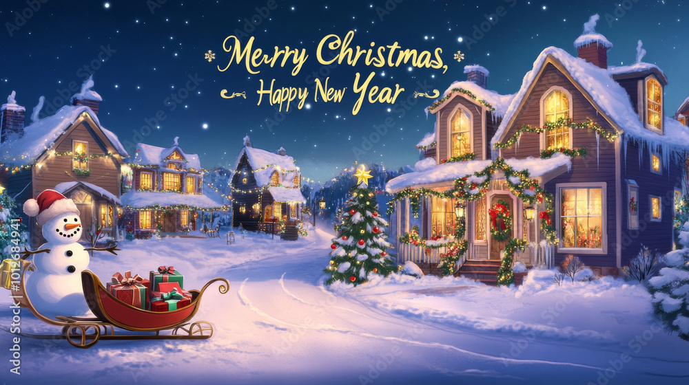 Christmas presents fill the sleigh, waiting in a snow-covered village glowing with warm holiday lights Christmas presents fill the sleigh, waiting in a snow-covered village glowing with warm holiday lights