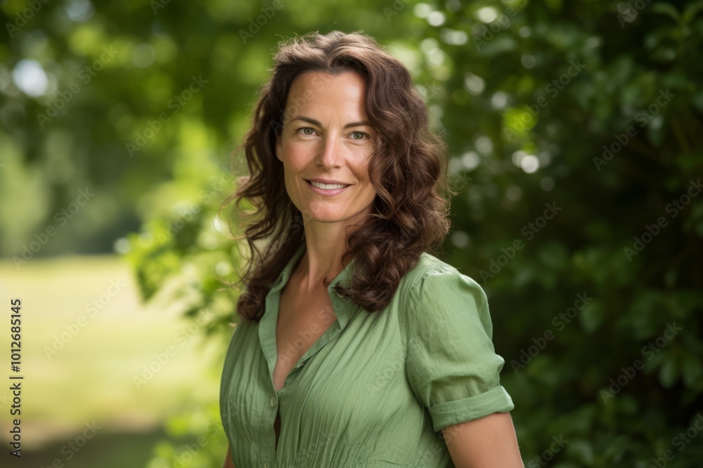 Portrait of beautiful middle aged woman smiling at camera in the park Portrait of beautiful middle aged woman smiling at camera in the park