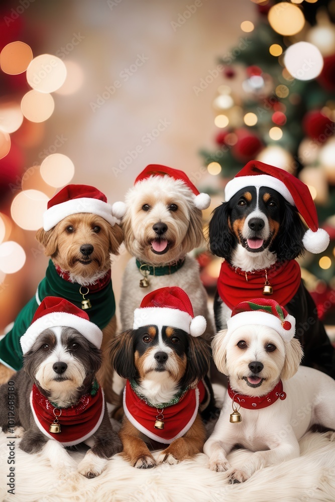 Group of dogs wearing Santa hats and red bandanas Group of dogs wearing Santa hats and red bandanas