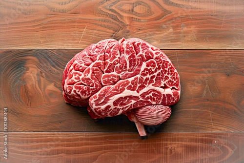 Meat in the side view shape of a brain on a wooden surface top view