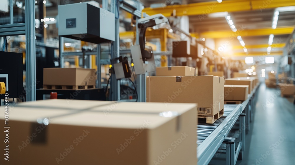 Automated Warehouse with Moving Boxes on Conveyor Belt Automated Warehouse with Moving Boxes on Conveyor Belt