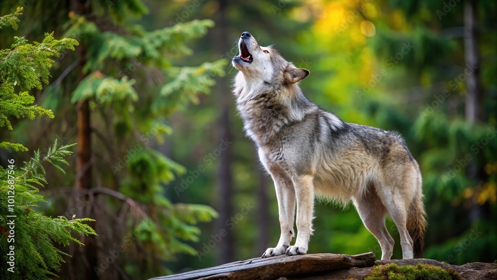 Naklejka premium Forced perspective image of Canadian timberwolf howling on forest edge