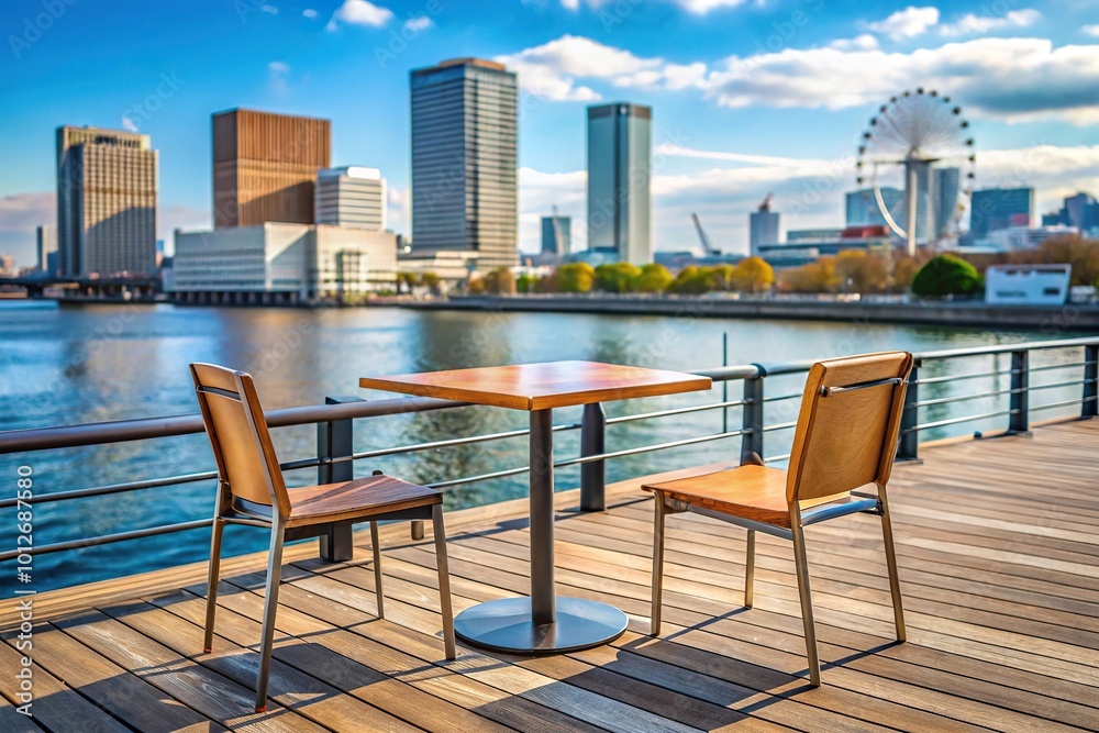 Forced perspective image of chair and table in Yokohama minatomirai area Forced perspective image of chair and table in Yokohama minatomirai area