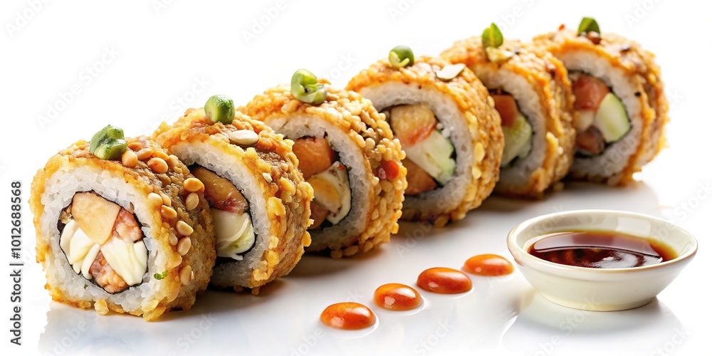 Forced perspective image of fried sushi rolls with sauce and almonds on white background for menu Forced perspective image of fried sushi rolls with sauce and almonds on white background for menu