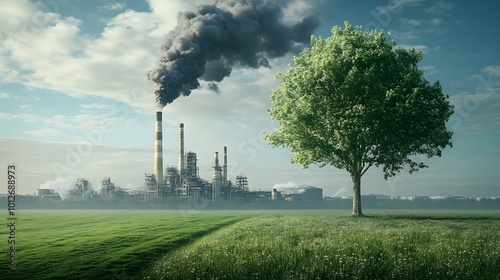 A 3D illustration contrasting a green tree and meadow with clear air against a factory emitting pollution, highlighting the effects of climate change