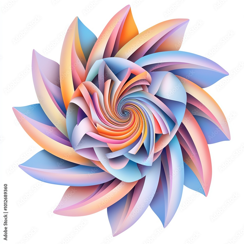 A colorful, abstract design resembling a spiral flower with layered petals in soft pastel hues.