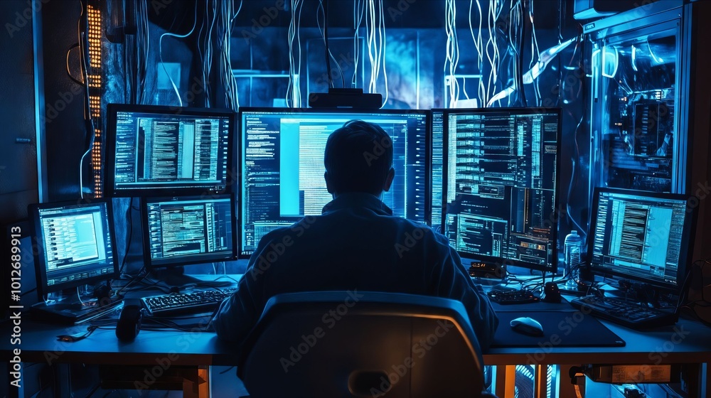 Obraz premium A man sitting at a desk in front of multiple computer monitors