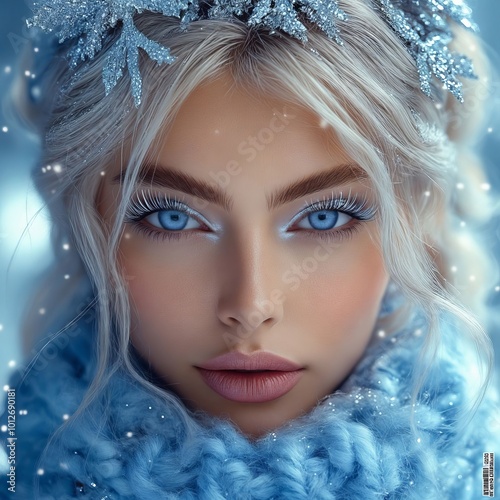 A woman with blue eyes wearing a blue fur coat and a snowflake headband