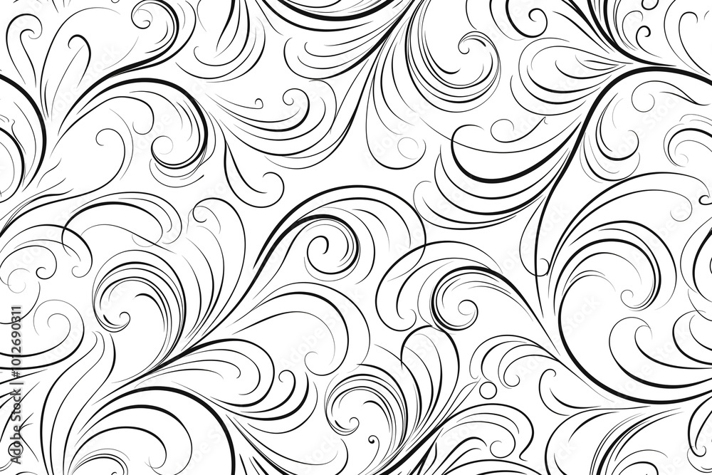Monochrome abstract floral pattern with thin lines and scrolls on white background Monochrome abstract floral pattern with thin lines and scrolls on white background