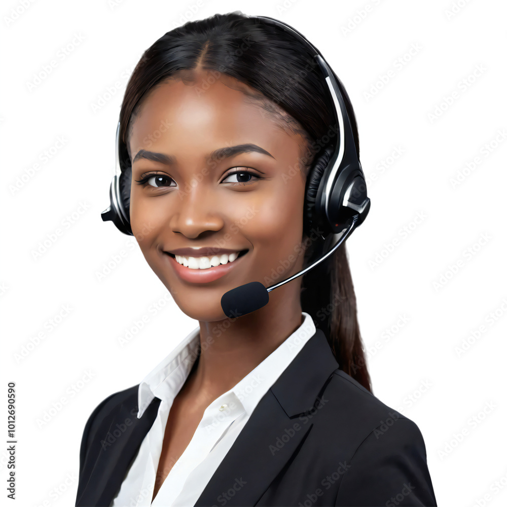 Smiling, Beautiful, and Friendly Fictional Young African Woman in a Customer Service Role, Wearing a Headset, Isolated on a Transparent Background Smiling, Beautiful, and Friendly Fictional Young African Woman in a Customer Service Role, Wearing a Headset, Isolated on a Transparent Background