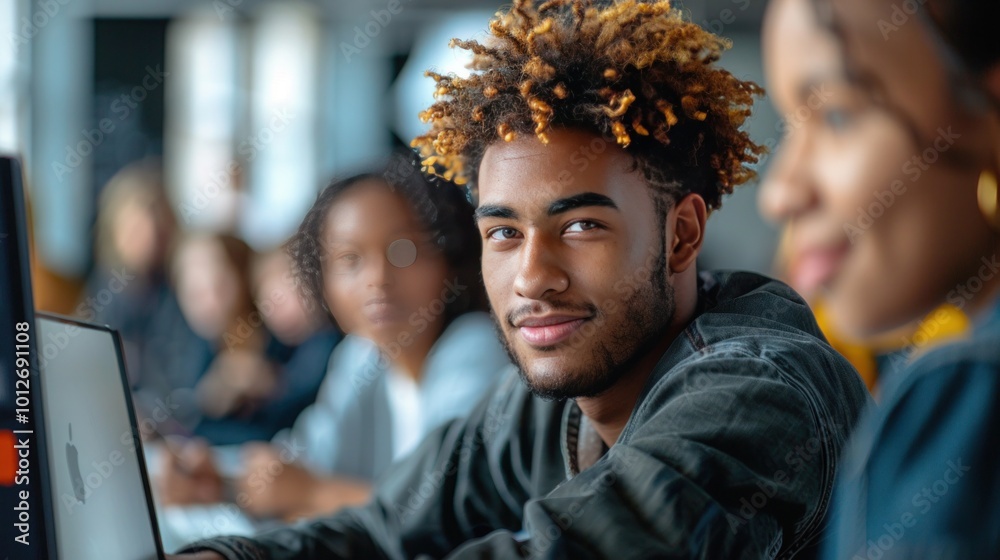 Collaborative Coding: Male Student Utilizing Computer Skills with Multicultural Classmates in Background Collaborative Coding: Male Student Utilizing Computer Skills with Multicultural Classmates in Background