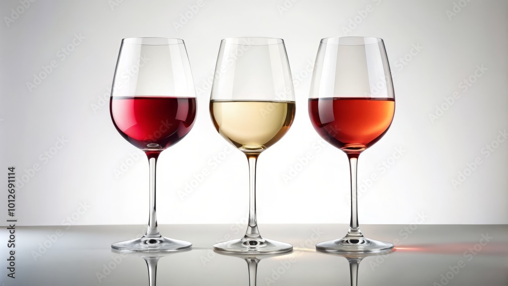 Chic red, white, and rosé wine glasses beautifully arranged atop a pristine white background, perfect for captivating Chic red, white, and rosé wine glasses beautifully arranged atop a pristine white background, perfect for captivating