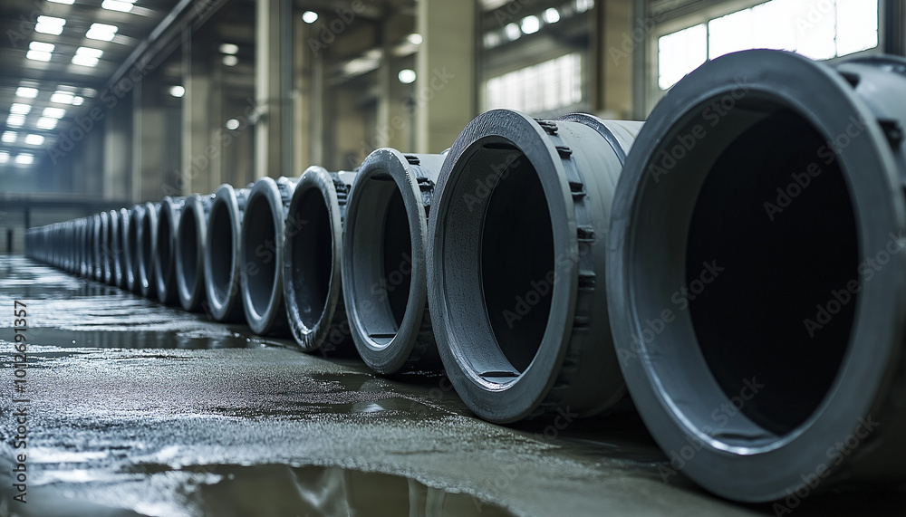 Black plastic pipes of large diameter for repair of communications. Pipes for water transportation and drainage sewer systems. Plastic sewer pipe for installation and wiring of pipelines Black plastic pipes of large diameter for repair of communications. Pipes for water transportation and drainage sewer systems. Plastic sewer pipe for installation and wiring of pipelines