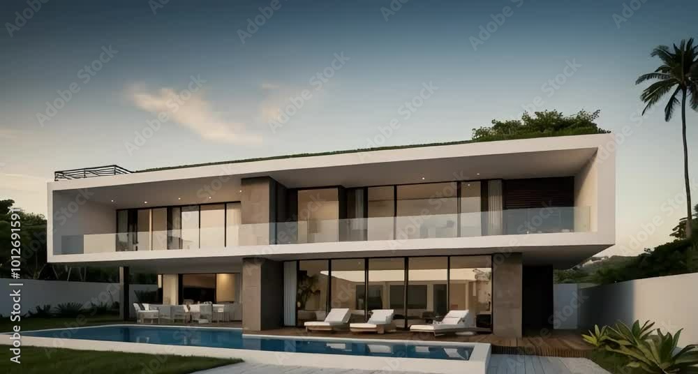 contemporary architecture. The exterior walls are rendered in a combination of sleek gray stone and floor-to-ceiling glass panels, allowing for an abundance of natural light to pour in