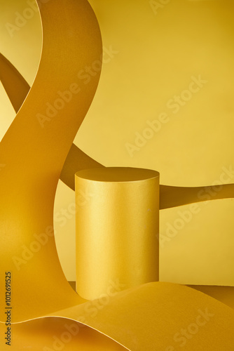 A sophisticated product display with an exquisite appearance may be achieved with this eye-catching arrangement that combines a yellow paper platform with a graceful ribbon paper.