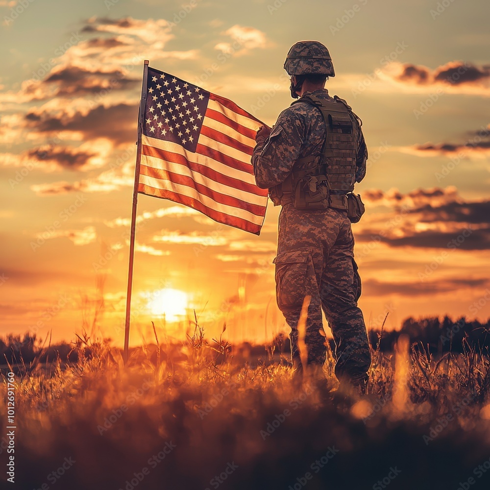 Soldier holding American flag against a sunset background. Soldier holding American flag against a sunset background.
