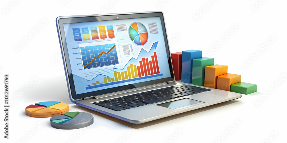 Glossy Laptop Displaying Vibrant Financial Graphs with Copy Space for Ads - High-Resolution Photo for Stock Concept