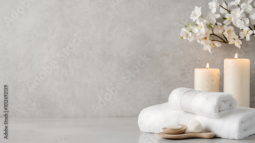 Towels, candles and flower on grey background, space for text 