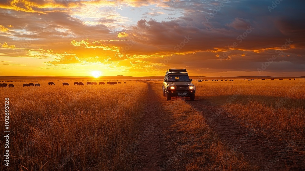 Fototapeta premium An adventurous safari scene in the Serengeti, Tanzania, with majestic wildlife, vast savannahs, and a golden sunset.