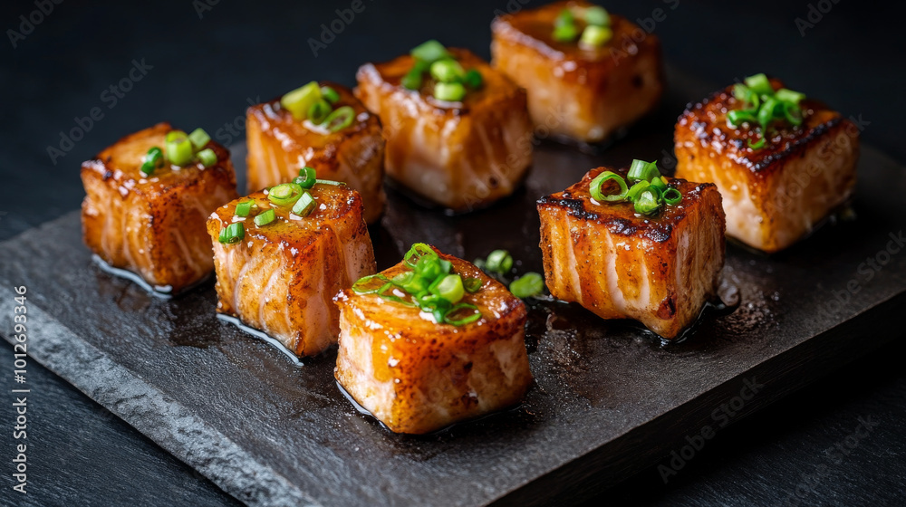 Delicious black cod fillets are beautifully presented in bite sized pieces, garnished with fresh green onions, showcasing rich glaze that enhances their flavor Delicious black cod fillets are beautifully presented in bite sized pieces, garnished with fresh green onions, showcasing rich glaze that enhances their flavor