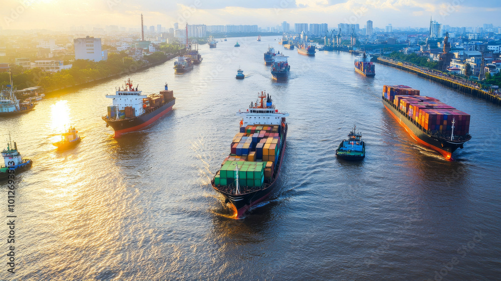 Naklejka premium bustling river scene with multiple cargo ships navigating through water, showcasing vibrant activity of trade and transportation. warm sunlight reflects off river, creating dynamic atmosphere