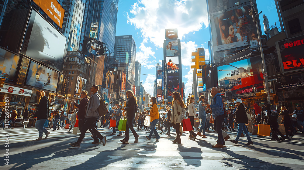 Obraz premium A busy city street with many people walking and carrying shopping bags